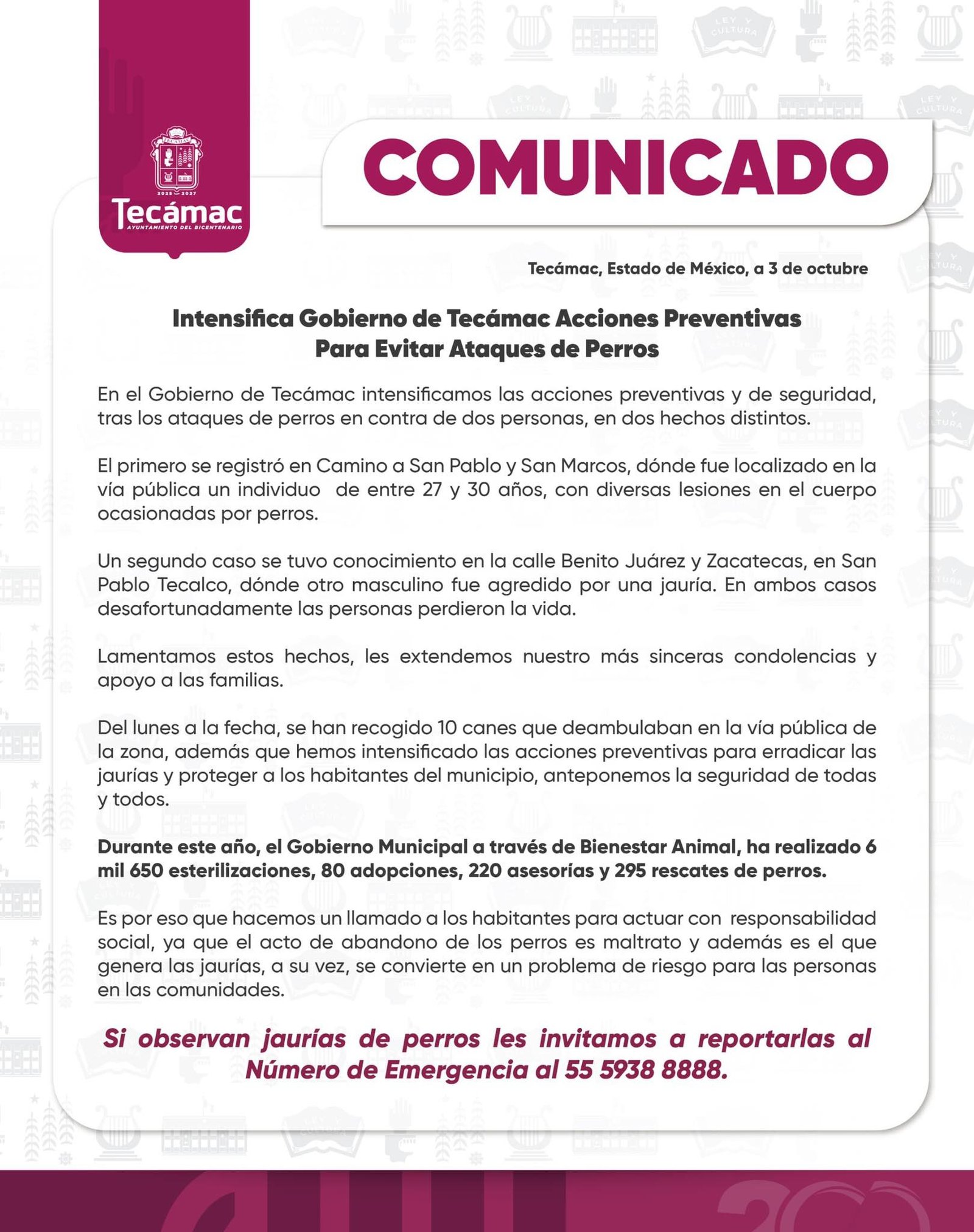 Comunicado del Gobierno de Tecámac